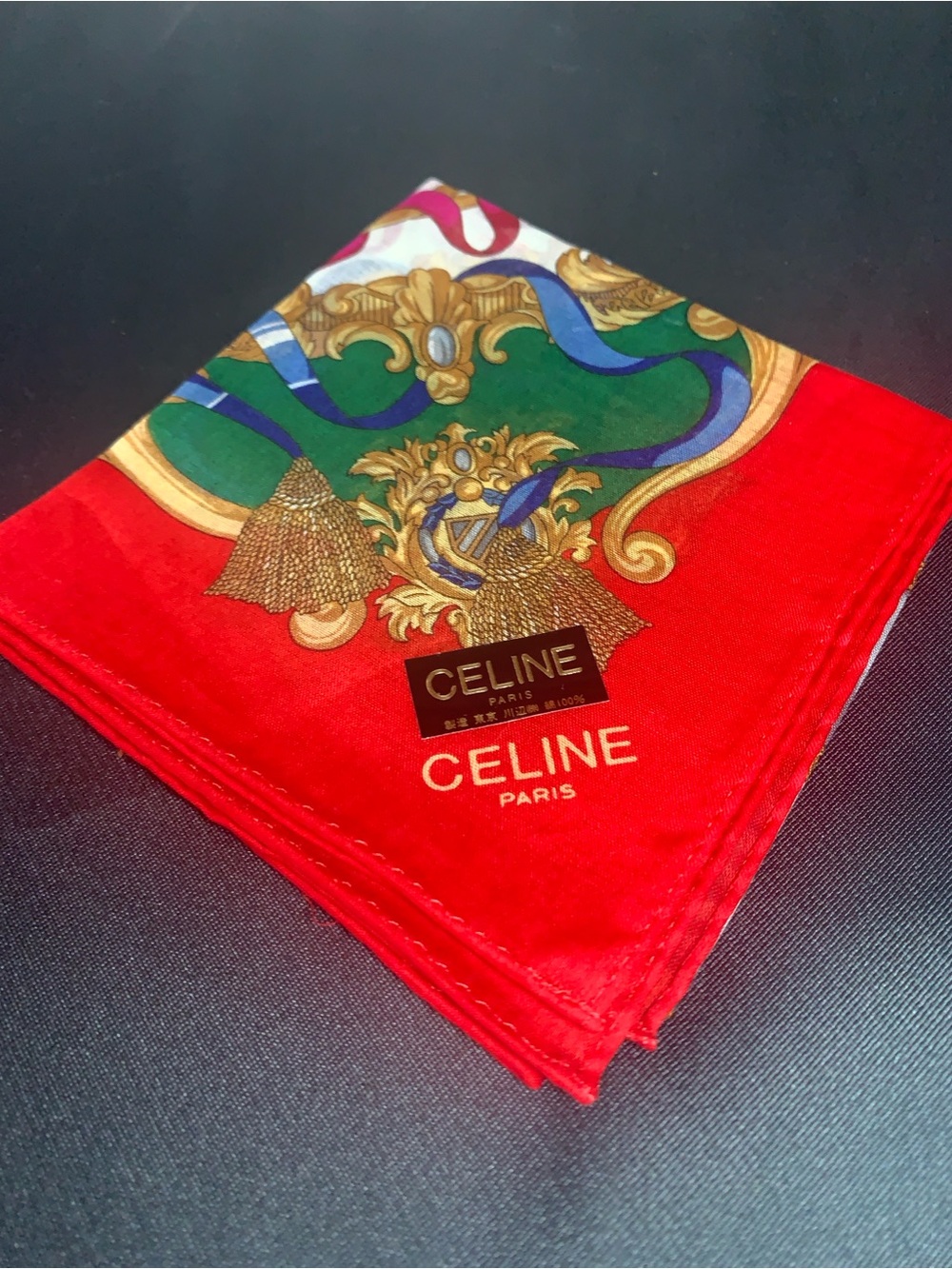 Celine Red Mini Scarf with Gold & Green Baroque Motif